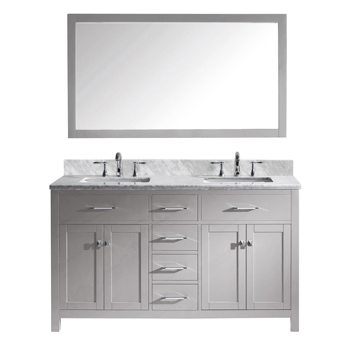 Virtu USA Caroline 60" Double Bath Vanity in Cashmere Grey with Marble Top and Square Sink with Polished Chrome Faucet and Mirror - Luxe Bathroom Vanities Luxury Bathroom Fixtures Bathroom Furniture