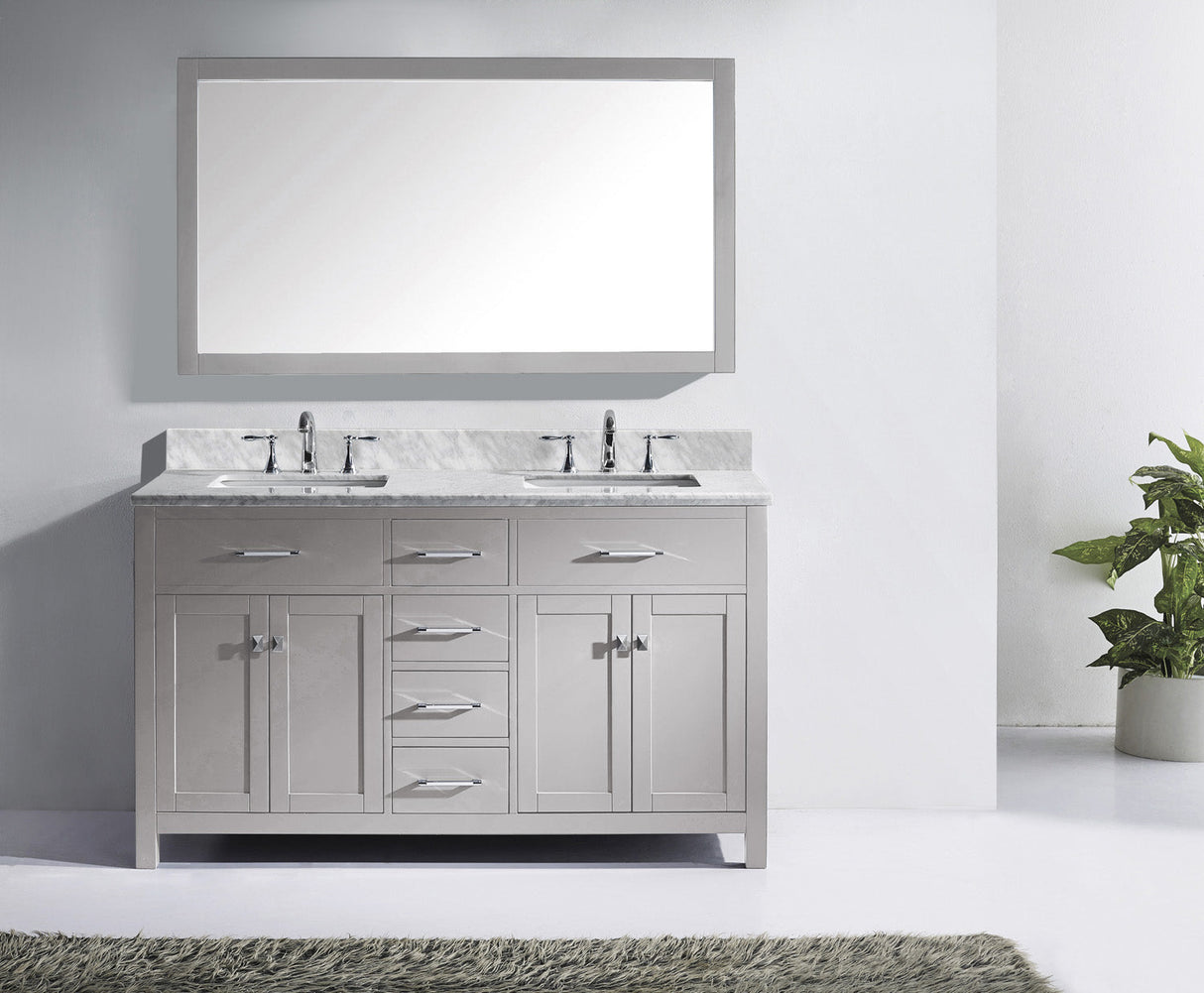 Virtu USA Caroline 60" Double Bath Vanity Marble Top and Square Sinks with Matching Mirror