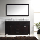 Virtu USA Caroline 60" Double Bath Vanity with White Marble Top and Square Sinks with Brushed Nickel Faucets with Matching Mirror