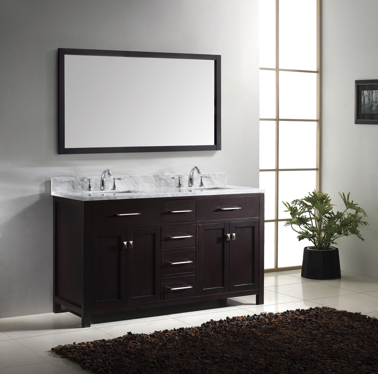 Virtu USA Caroline 60" Double Bath Vanity with White Marble Top and Square Sinks with Polished Chrome Faucets with Matching Mirror