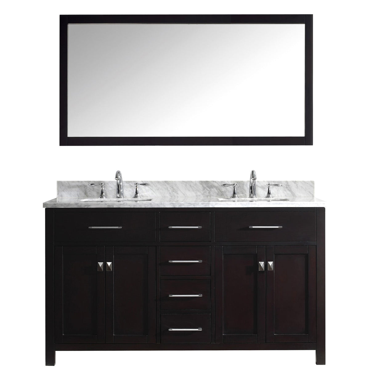 Virtu USA Caroline 60" Double Bath Vanity with Marble Top and Square Sink with Polished Chrome Faucet and Mirror - Luxe Bathroom Vanities