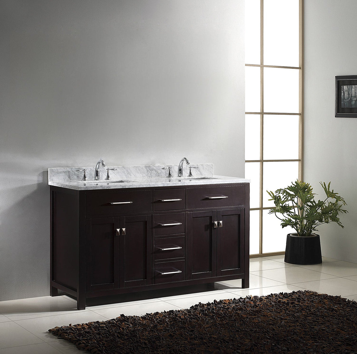 Virtu USA Caroline 60" Double Bath Vanity with White Marble Top and Square Sinks