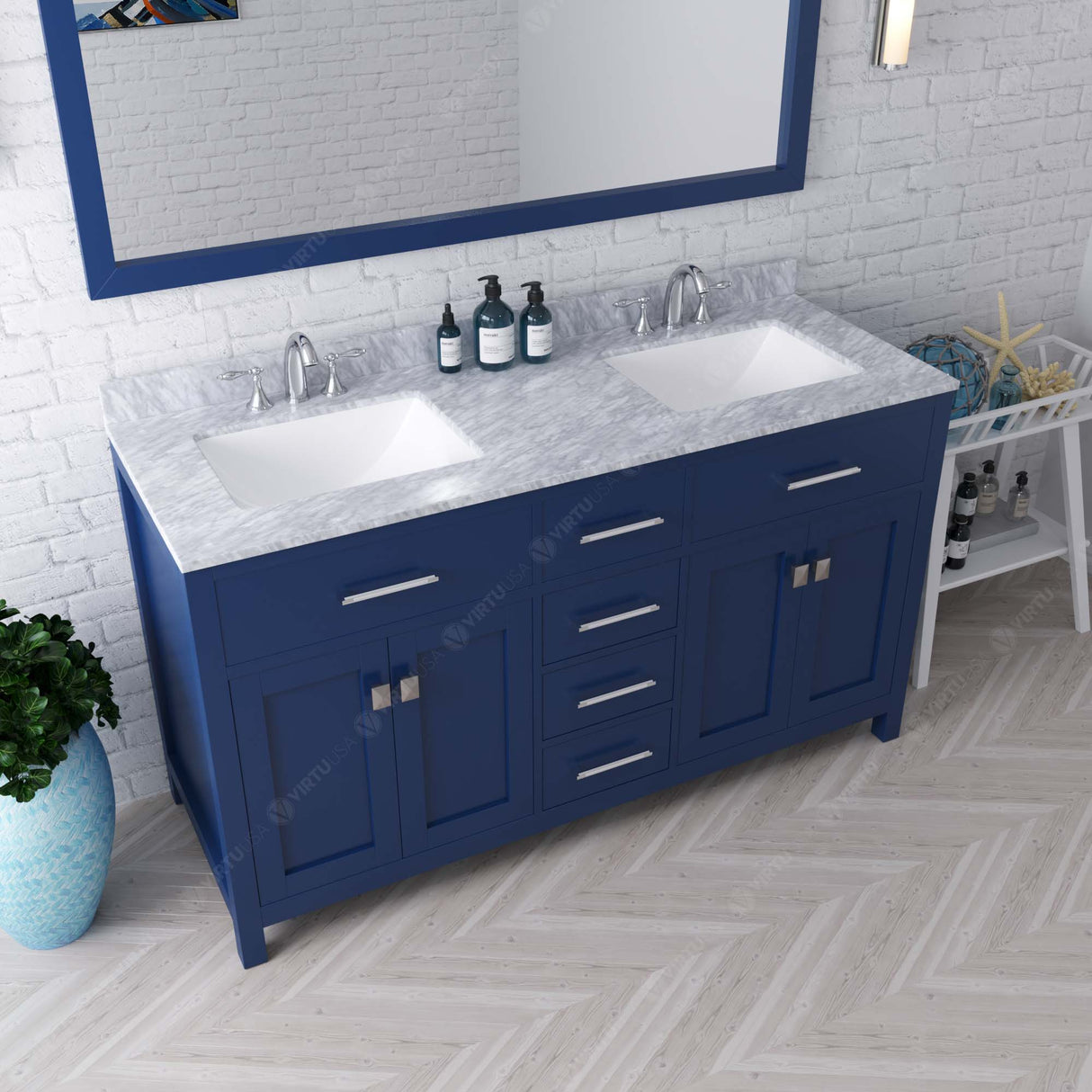 Virtu USA Caroline 60" Double Bath Vanity Marble Top and Square Sinks with Matching Mirror