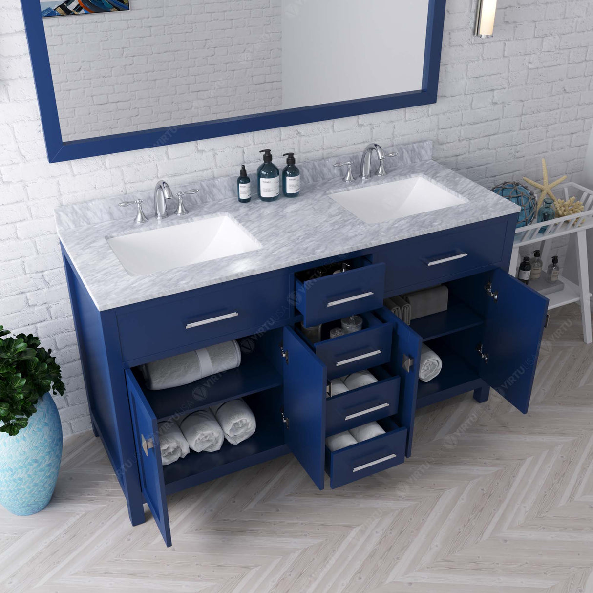 Virtu USA Caroline 60" Double Bath Vanity Marble Top and Square Sinks with Matching Mirror