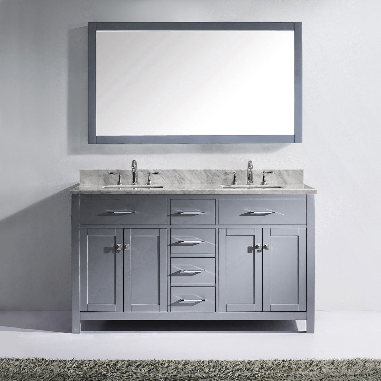 Virtu USA Caroline 60" Double Bath Vanity with White Marble Top and Square Sinks with Brushed Nickel Faucets with Matching Mirror