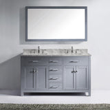 Virtu USA Caroline 60" Double Bath Vanity with White Marble Top and Square Sinks with Brushed Nickel Faucets with Matching Mirror