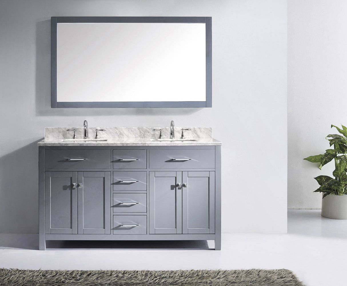 Virtu USA Caroline 60" Double Bath Vanity with White Marble Top and Square Sinks with Brushed Nickel Faucets with Matching Mirror