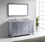 Virtu USA Caroline 60" Double Bath Vanity with White Marble Top and Square Sinks with Brushed Nickel Faucets with Matching Mirror