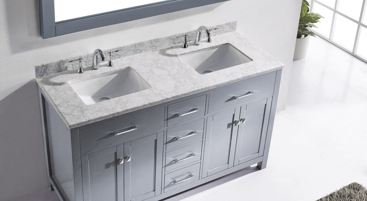 Virtu USA Caroline 60" Double Bath Vanity with White Marble Top and Square Sinks with Brushed Nickel Faucets with Matching Mirror