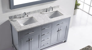 Virtu USA Caroline 60" Double Bath Vanity with White Marble Top and Square Sinks with Polished Chrome Faucets with Matching Mirror