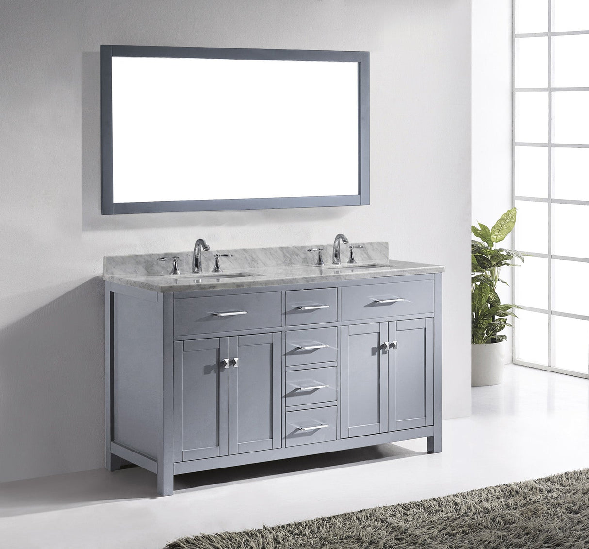 Virtu USA Caroline 60" Double Bath Vanity Marble Top and Square Sinks with Matching Mirror