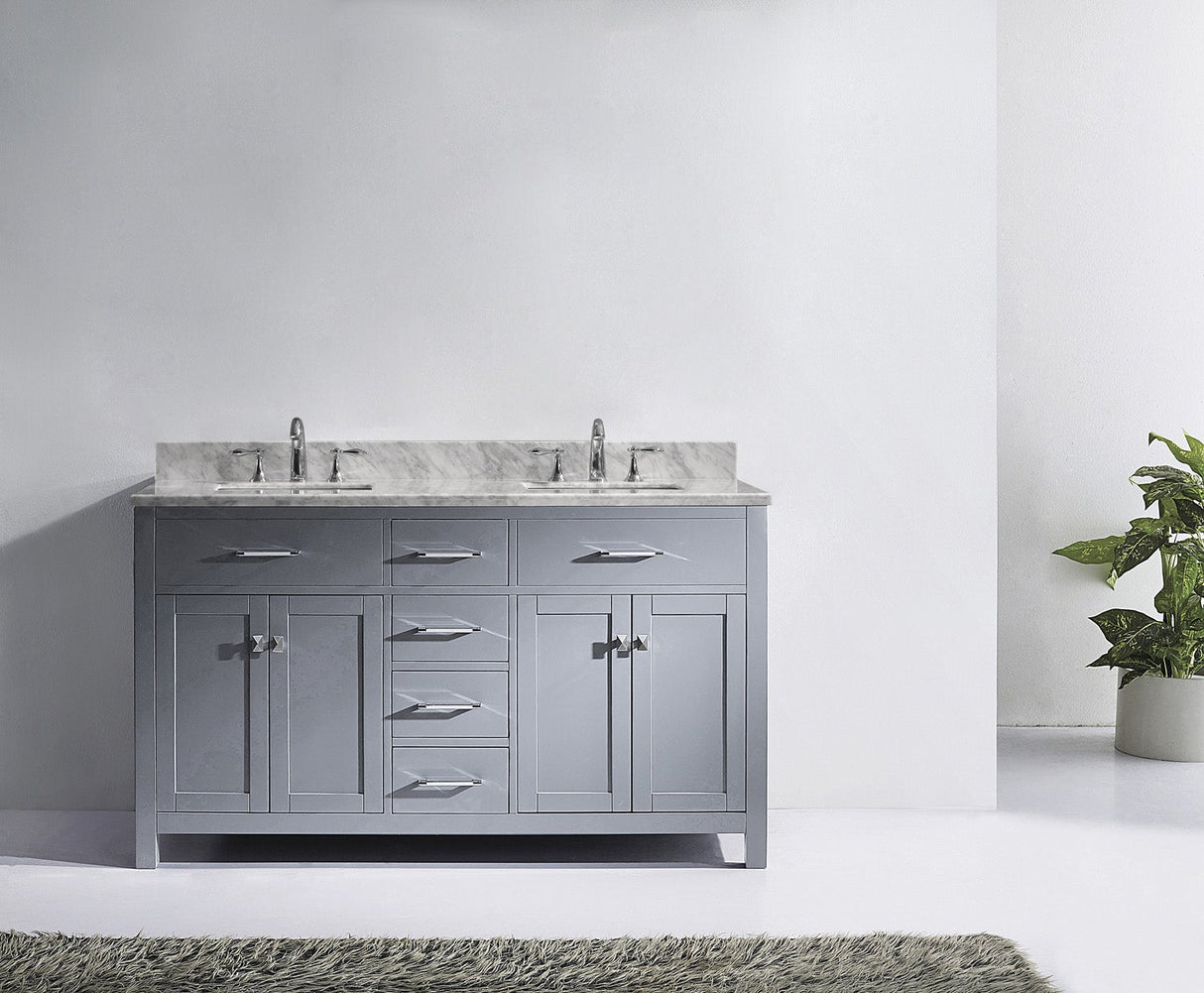 Virtu USA Caroline 60" Double Bath Vanity with White Marble Top and Square Sinks