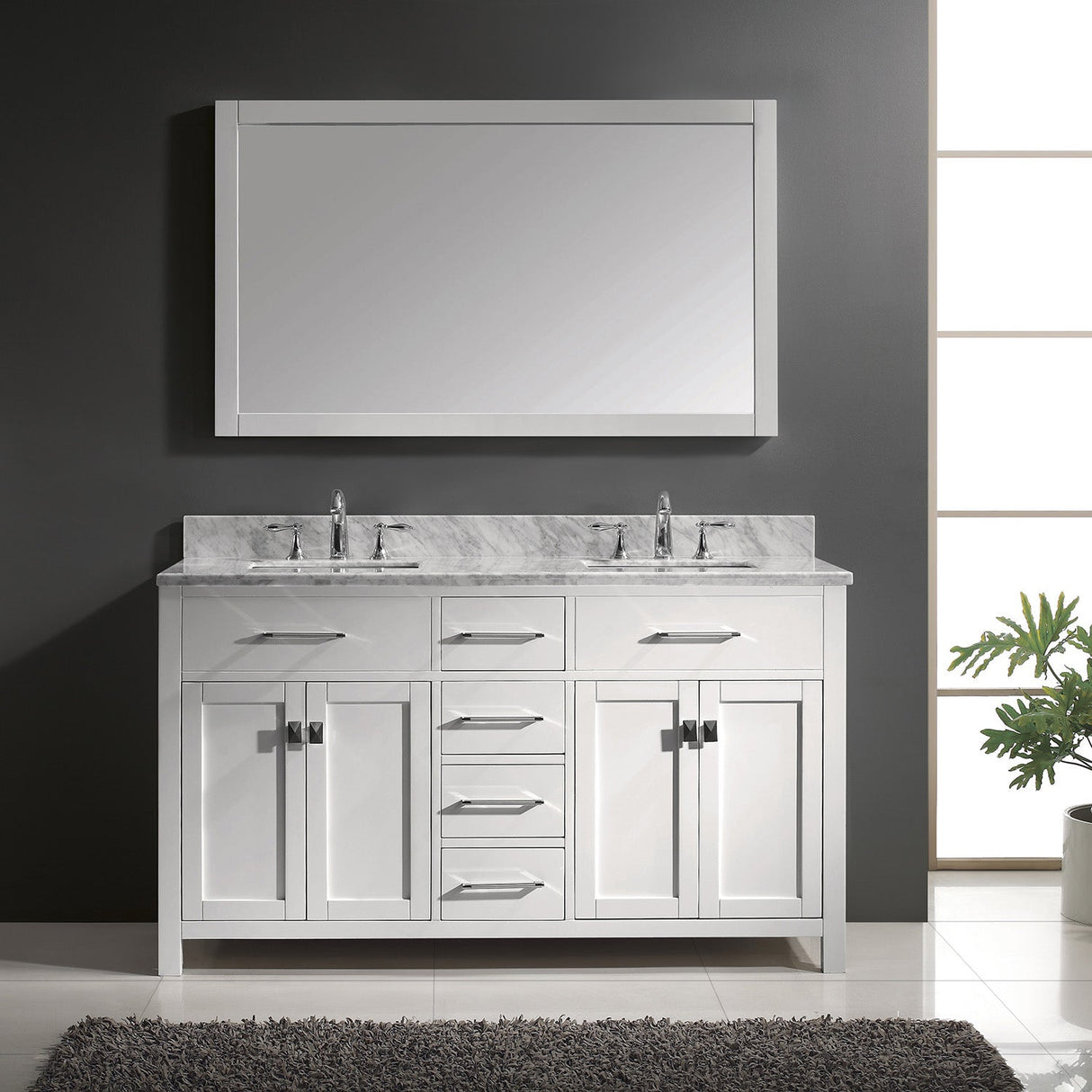 Virtu USA Caroline 60" Double Bath Vanity with White Marble Top and Square Sinks with Brushed Nickel Faucets with Matching Mirror