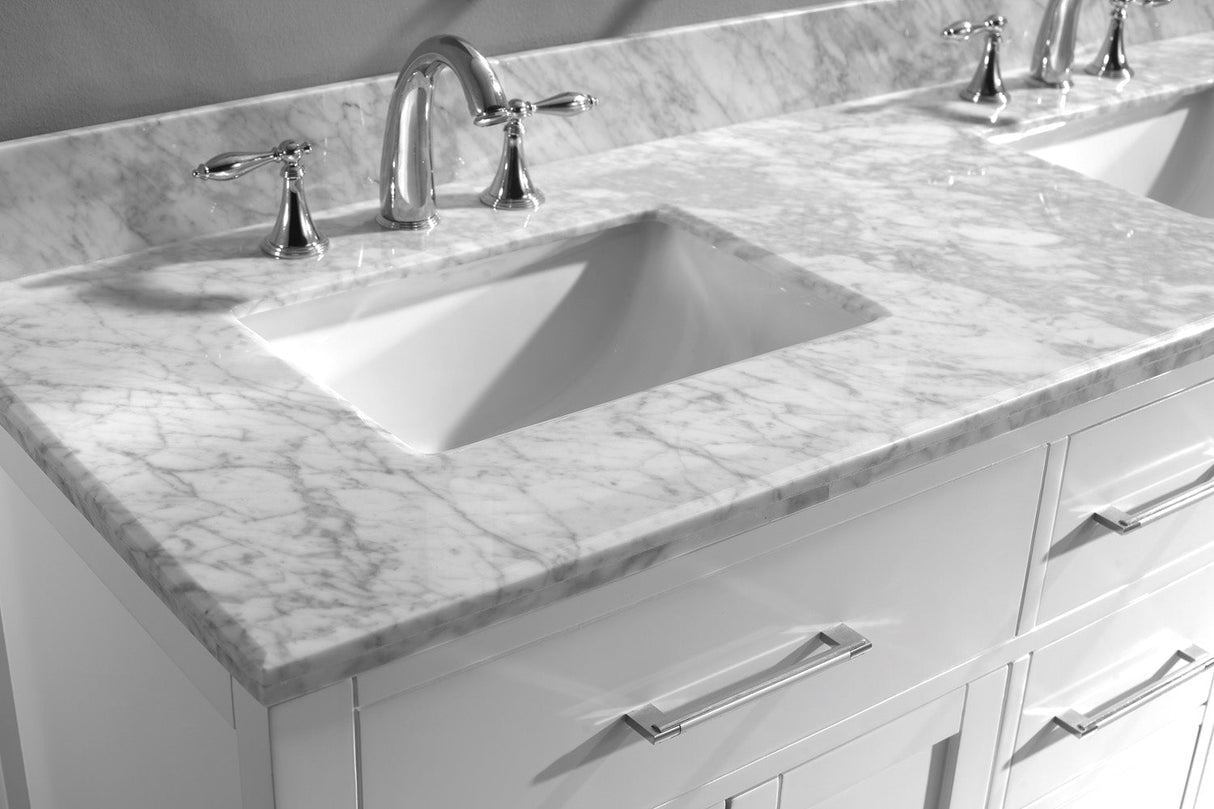 Virtu USA Caroline 60" Double Bath Vanity with White Marble Top and Square Sinks with Brushed Nickel Faucets with Matching Mirror