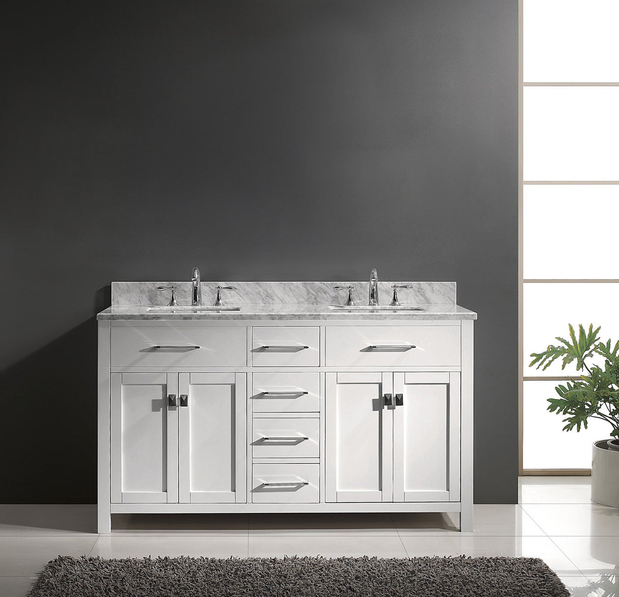 Virtu USA Caroline 60" Double Bath Vanity with White Marble Top and Square Sinks