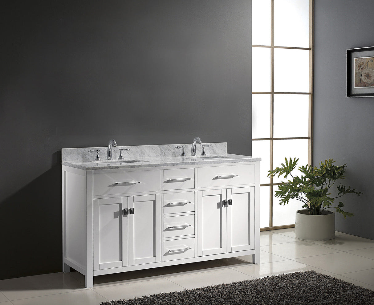 Virtu USA Caroline 60" Double Bath Vanity with White Marble Top and Square Sinks