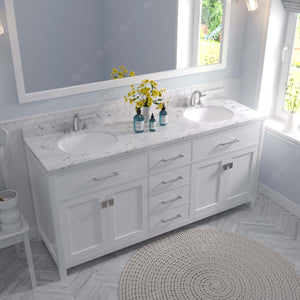 Virtu USA Caroline 72" Double Bath Vanity with White Quartz Top and Round Sinks with Brushed Nickel Faucets with Matching Mirror