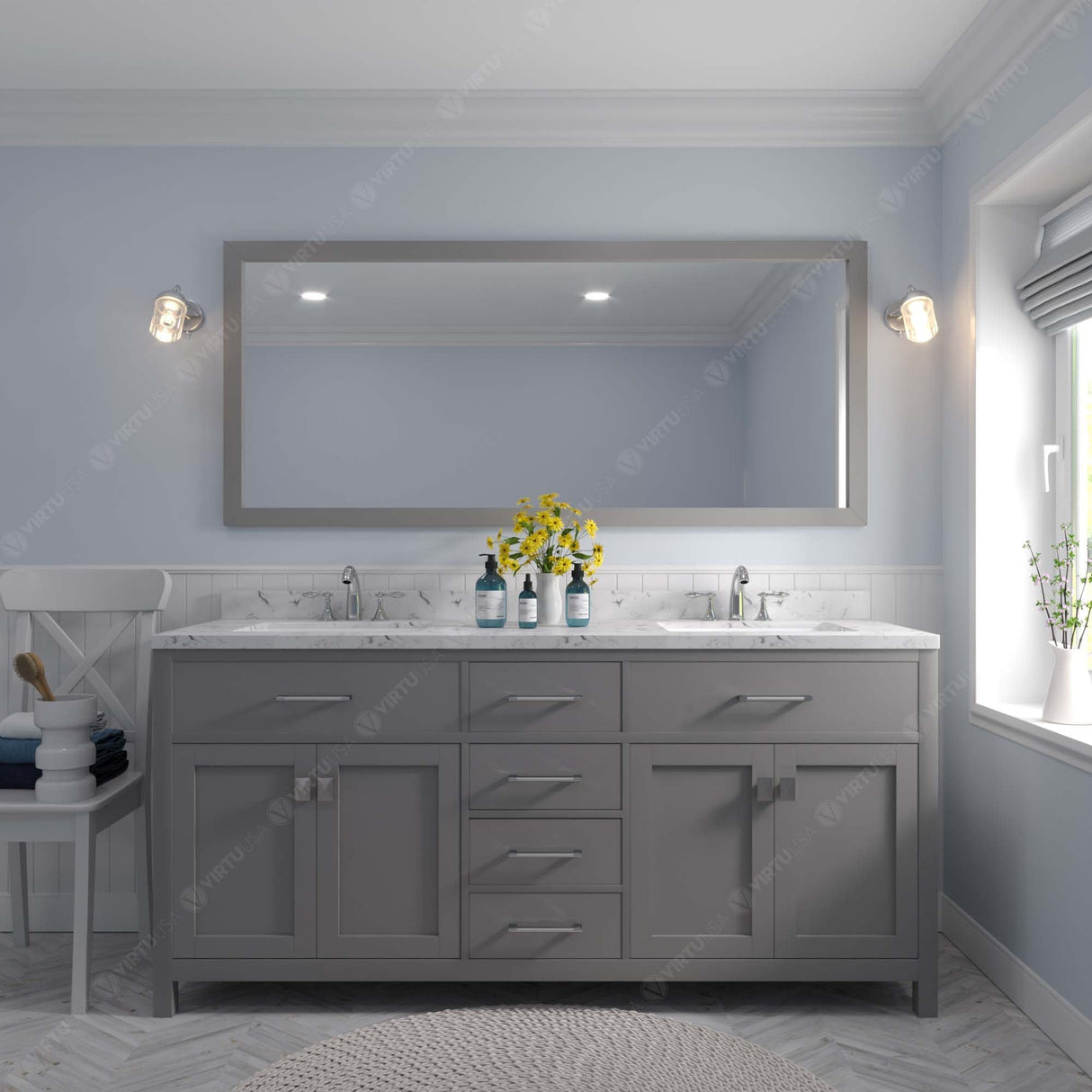 Virtu USA Caroline 72" Double Bath Vanity with White Quartz Top and Square Sinks with Matching Mirror