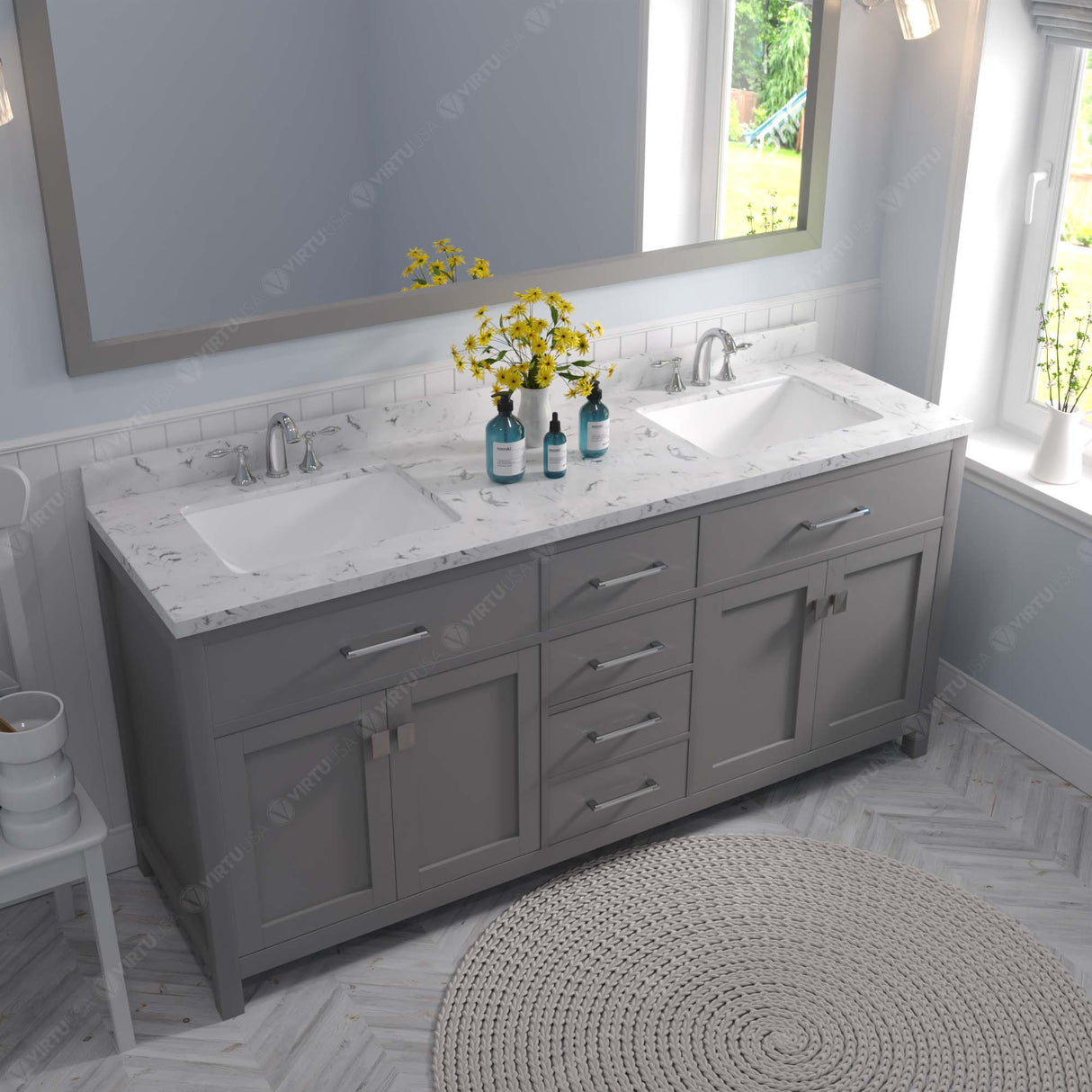 Virtu USA Caroline 72" Double Bath Vanity with White Quartz Top and Square Sinks with Matching Mirror