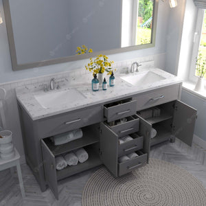 Virtu USA Caroline 72" Double Bath Vanity with White Quartz Top and Square Sinks with Polished Chrome Faucets with Matching Mirror