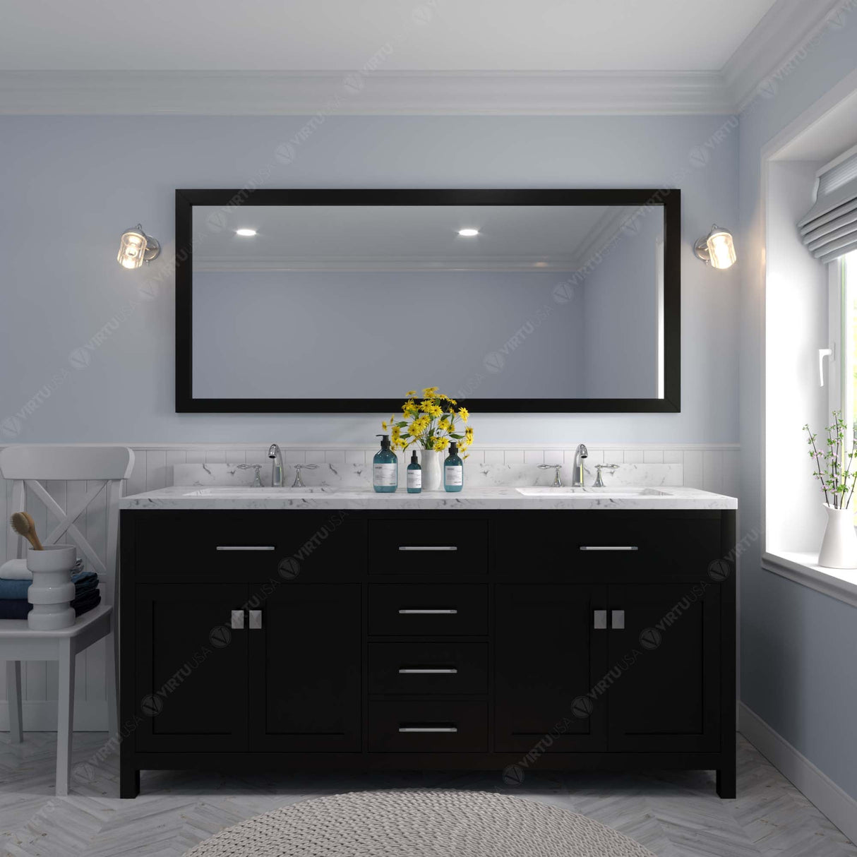 Virtu USA Caroline 72" Double Bath Vanity with White Quartz Top and Square Sinks with Matching Mirror