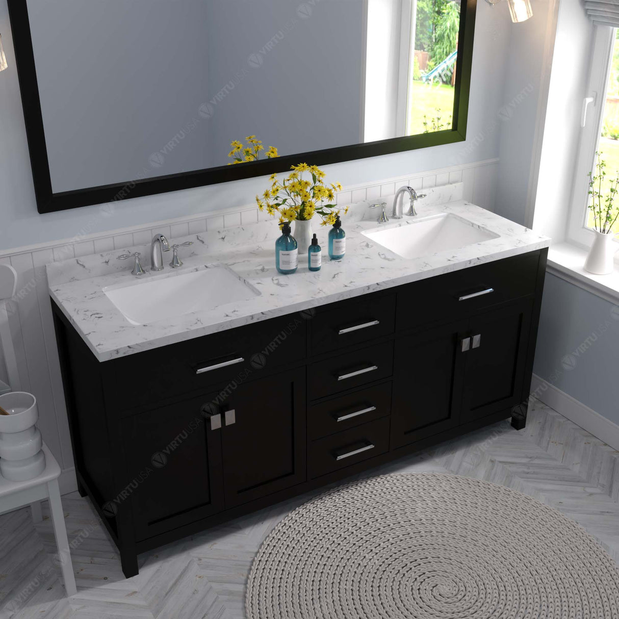 Virtu USA Caroline 72" Double Bath Vanity with White Quartz Top and Square Sinks with Matching Mirror