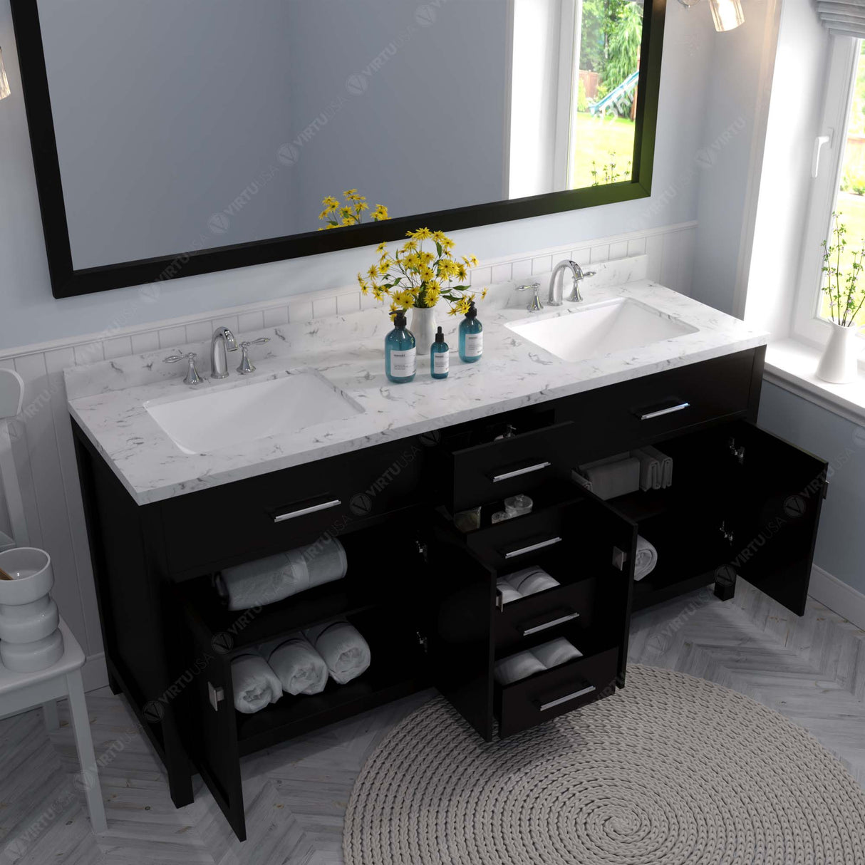 Virtu USA Caroline 72" Double Bath Vanity with White Quartz Top and Square Sinks with Matching Mirror