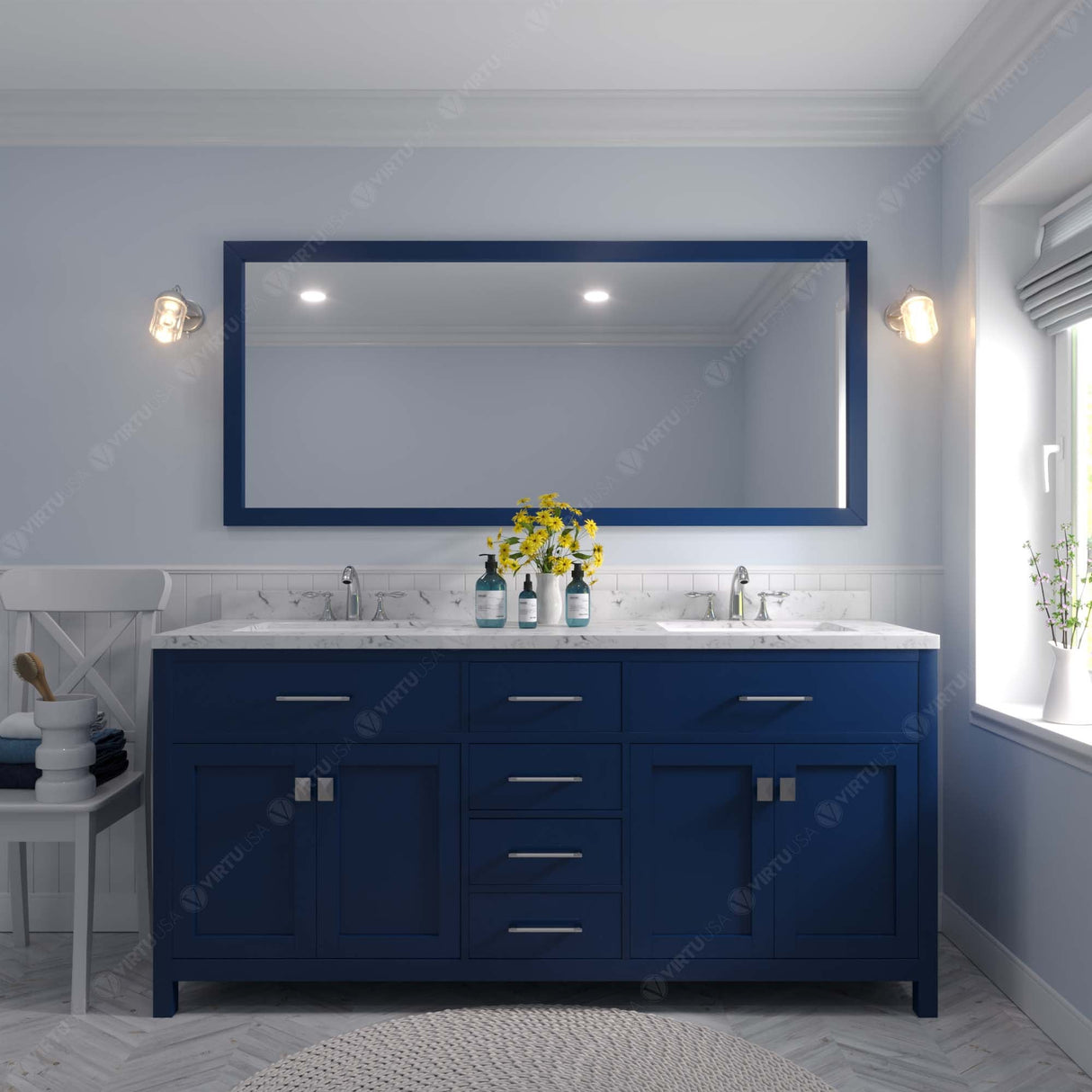 Virtu USA Caroline 72" Double Bath Vanity with White Quartz Top and Square Sinks with Matching Mirror