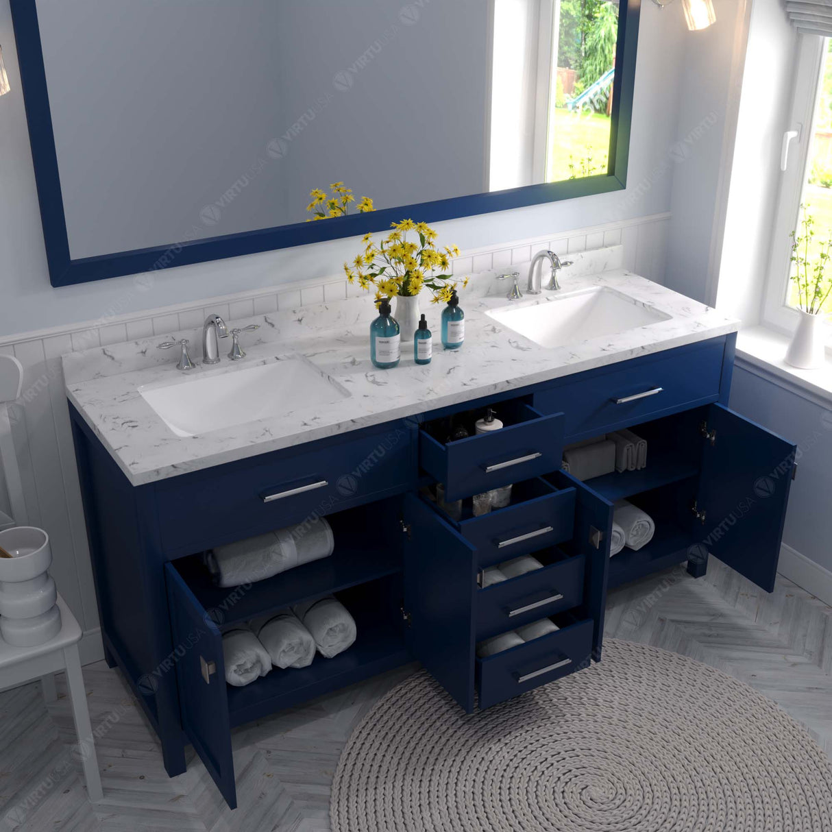 Virtu USA Caroline 72" Double Bath Vanity with White Quartz Top and Square Sinks with Matching Mirror