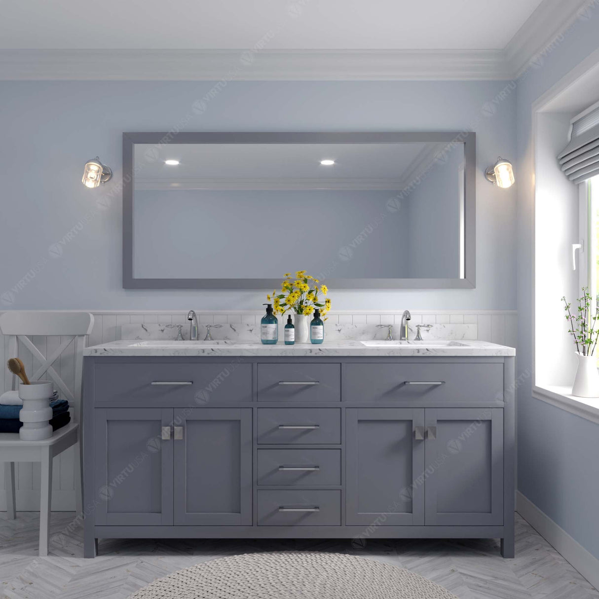 Virtu USA Caroline 72" Double Bath Vanity with White Quartz Top and Square Sinks with Matching Mirror