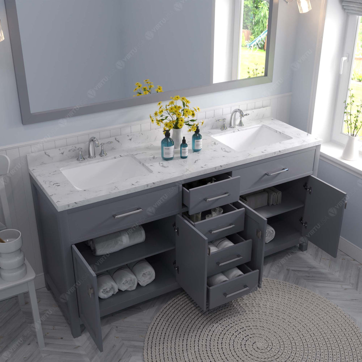 Virtu USA Caroline 72" Double Bath Vanity with White Quartz Top and Square Sinks with Matching Mirror