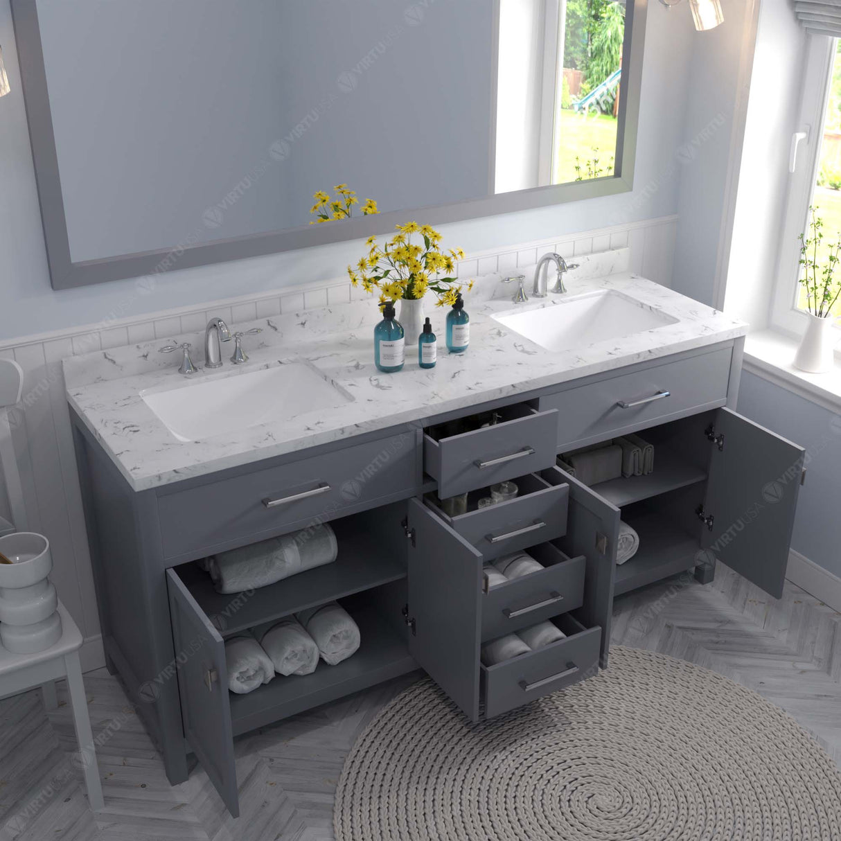 Virtu USA Caroline 72" Double Bath Vanity with White Quartz Top and Square Sinks with Polished Chrome Faucets with Matching Mirror