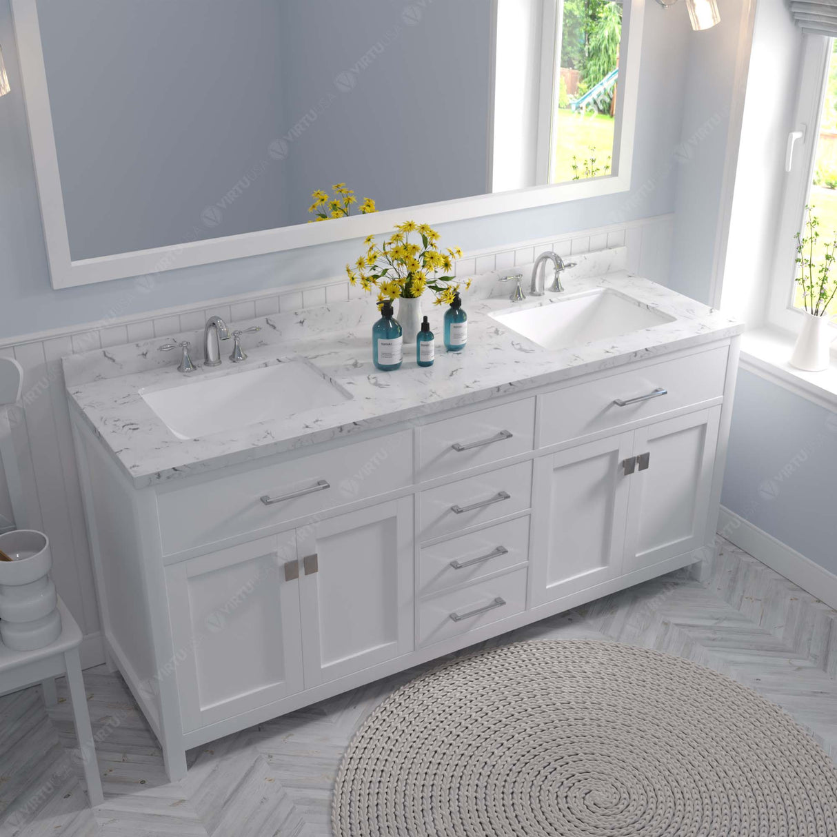 Virtu USA Caroline 72" Double Bath Vanity with White Quartz Top and Square Sinks with Matching Mirror