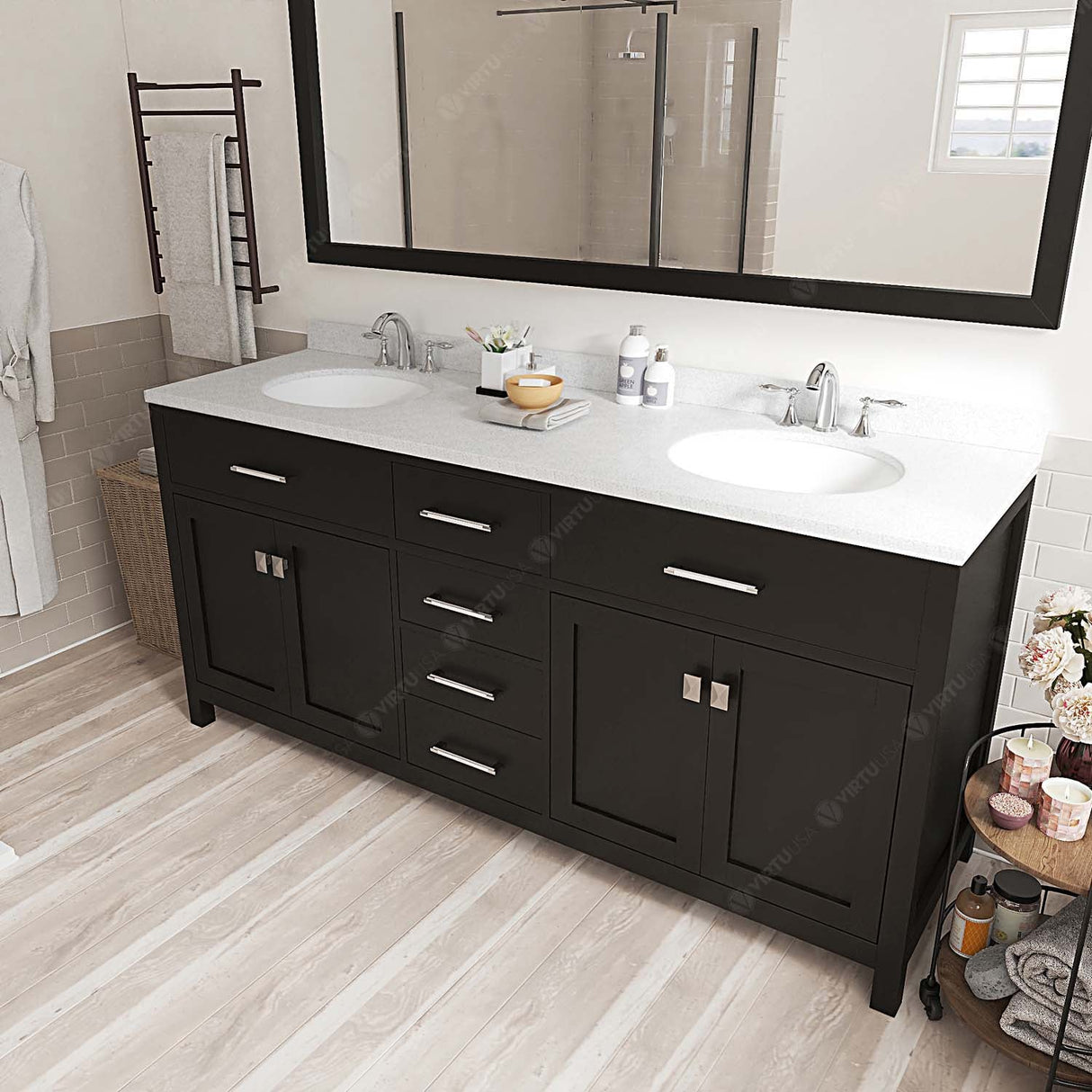 Virtu USA Caroline 72" Double Bath Vanity with White Quartz Top and Round Sinks with Polished Chrome Faucets with Matching Mirror