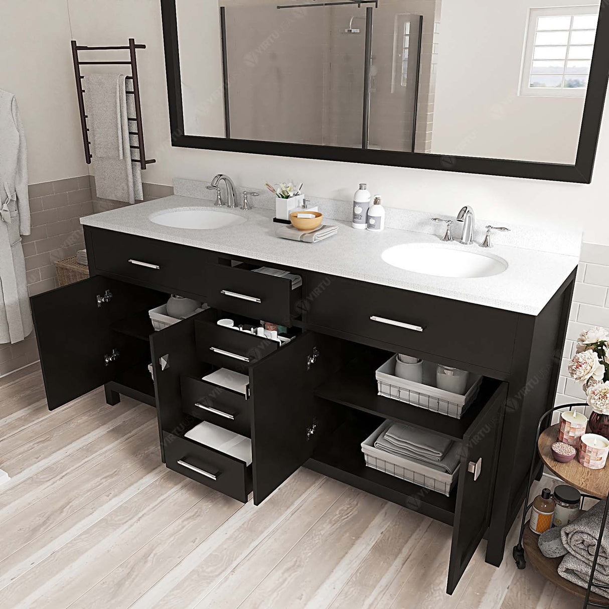 Virtu USA Caroline 72" Double Bath Vanity with White Quartz Top and Round Sinks with Matching Mirror