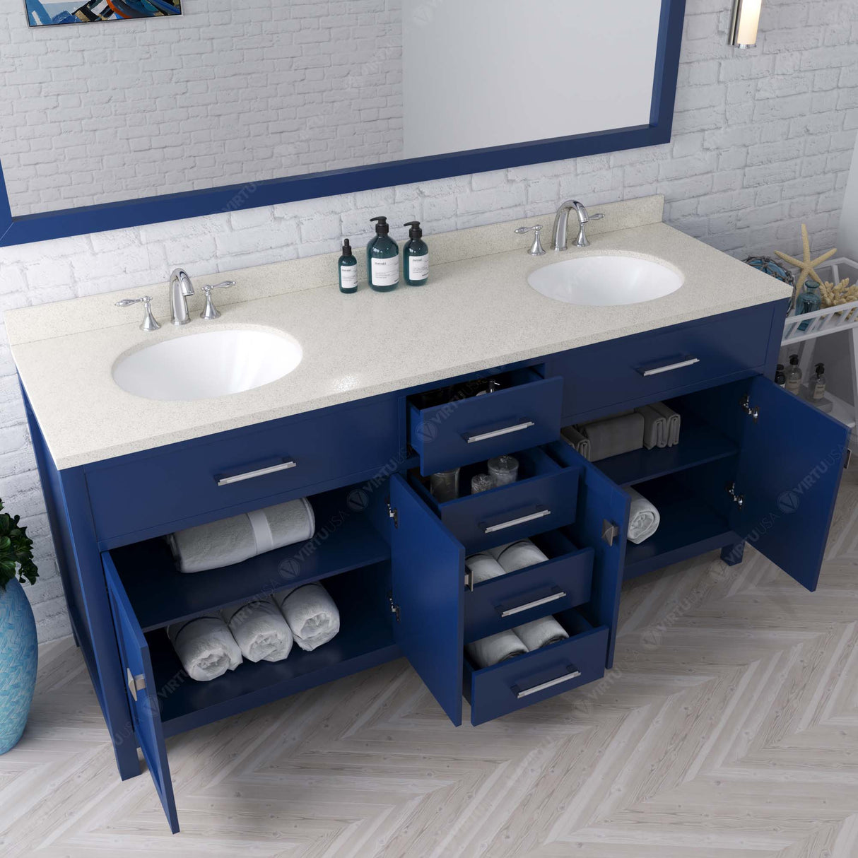 Virtu USA Caroline 72" Double Bath Vanity with White Quartz Top and Round Sinks with Matching Mirror