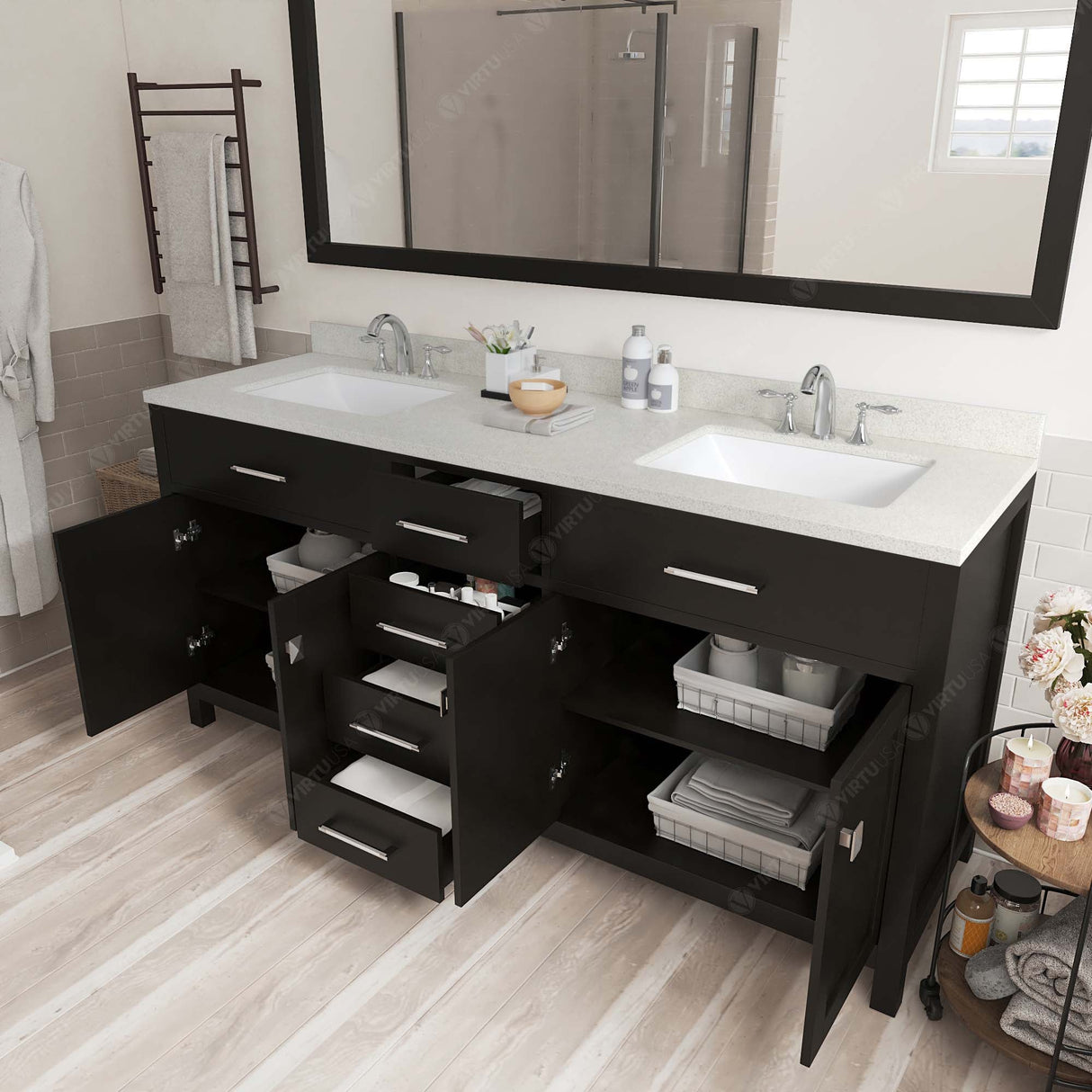 Virtu USA Caroline 72" Double Bath Vanity in Cashmere Gray with White Quartz Top and Square Sinks