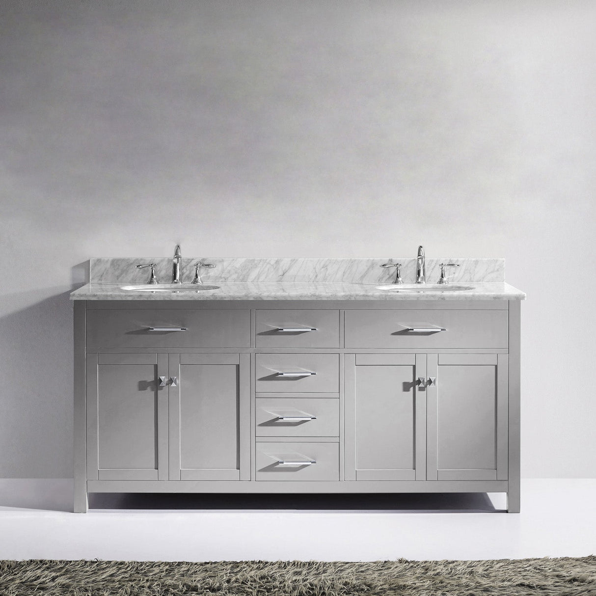 Virtu USA Caroline 72" Double Bath Vanity with White Marble Top and Round Sinks with Brushed Nickel Faucets