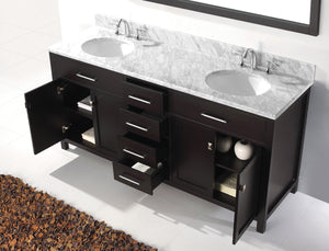 Virtu USA Caroline 72" Double Bath Vanity with White Marble Top and Round Sinks with Polished Chrome Faucets with Matching Mirror