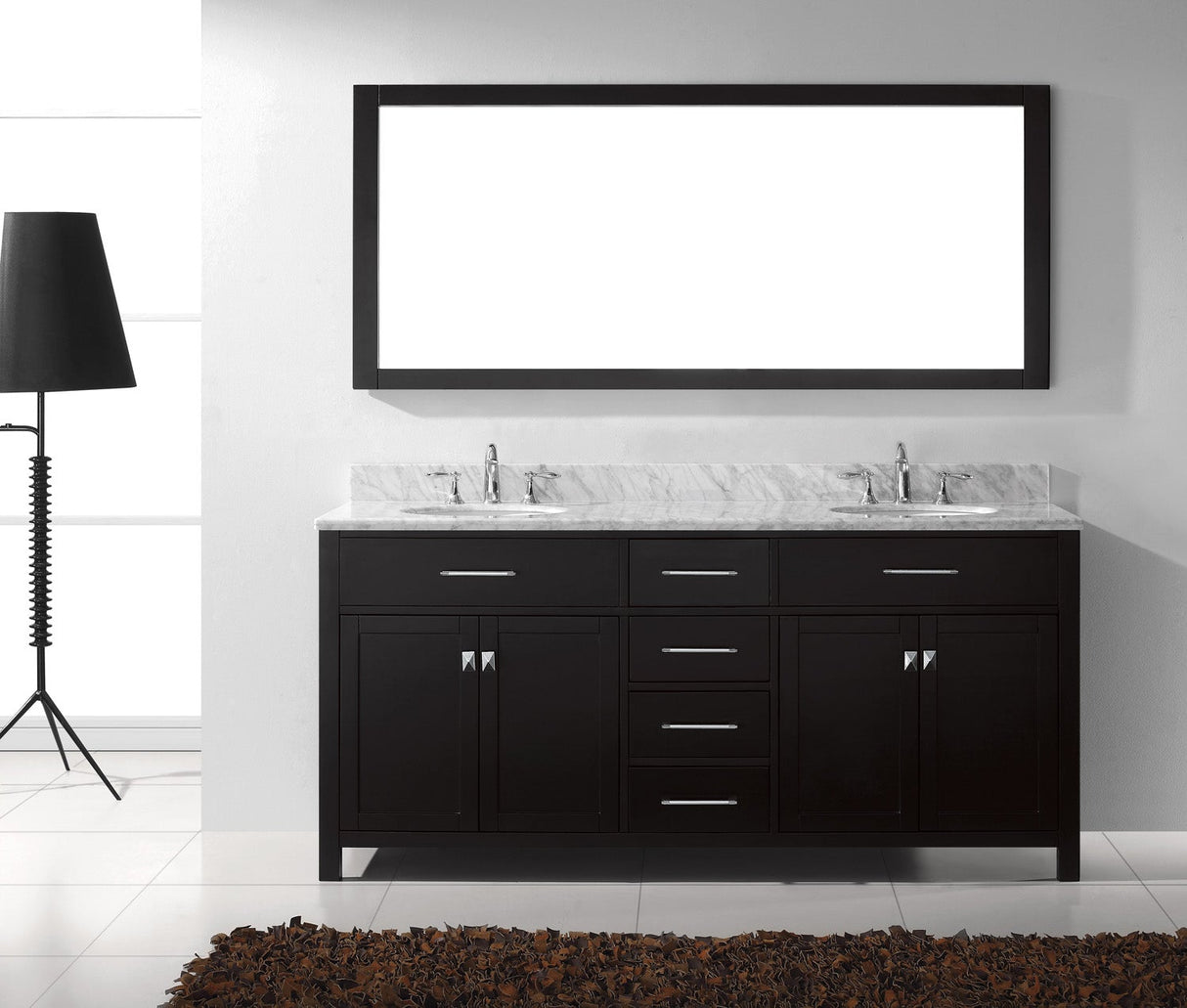 Virtu USA Caroline 72" Double Bath Vanity with White Marble Top and Round Sinks with Matching Mirror