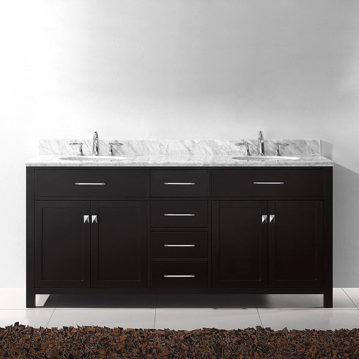 Virtu USA Caroline 72" Double Bath Vanity with White Marble Top and Round Sinks with Brushed Nickel Faucets