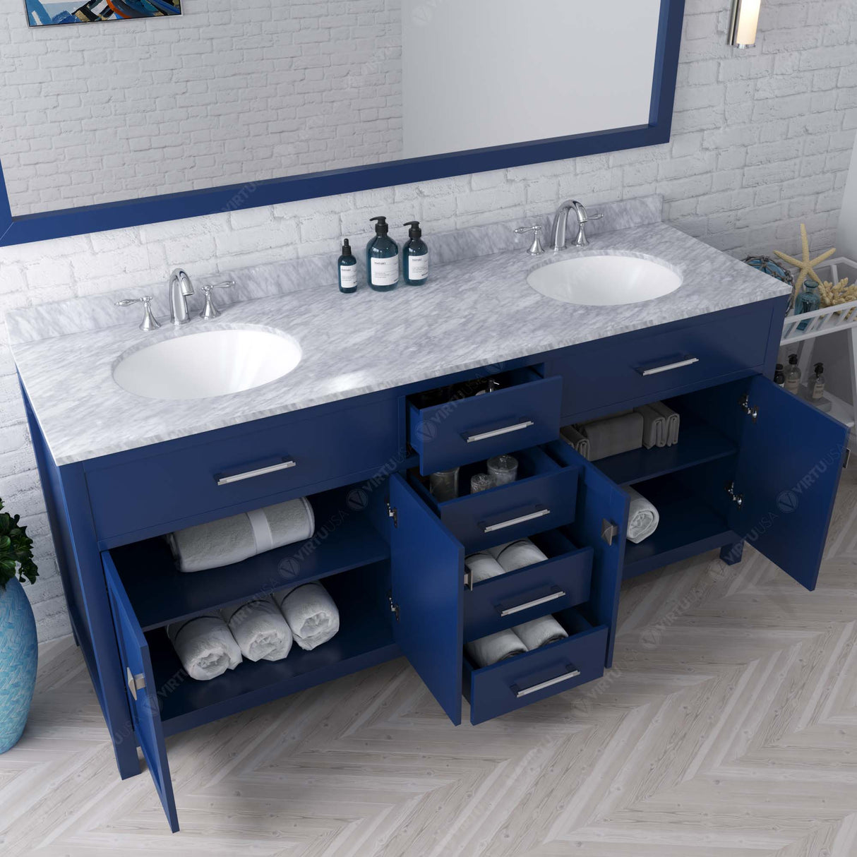 Virtu USA Caroline 72" Double Bath Vanity with White Marble Top and Round Sinks with Matching Mirror