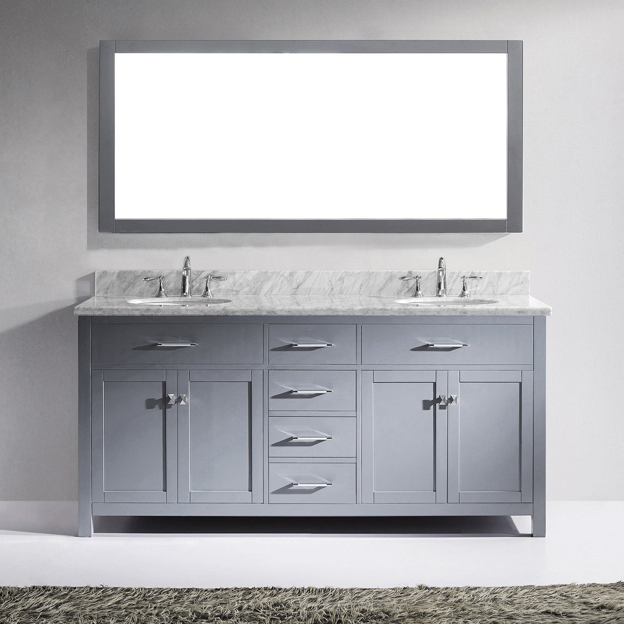 Virtu USA Caroline 72" Double Bath Vanity with White Marble Top and Round Sinks with Matching Mirror