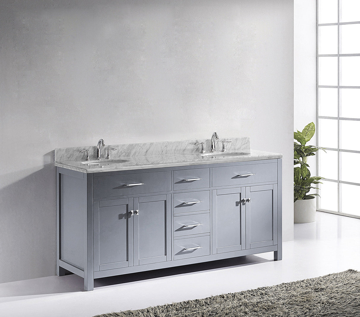 Virtu USA Caroline 72" Double Bath Vanity with White Marble Top and Round Sinks with Brushed Nickel Faucets