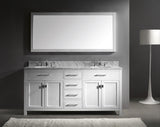 Virtu USA Caroline 72" Double Bath Vanity with White Marble Top and Round Sinks with Polished Chrome Faucets with Matching Mirror