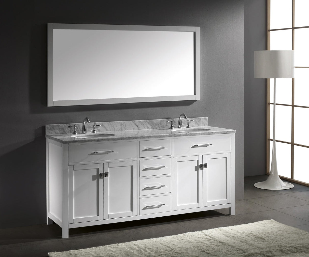 Virtu USA Caroline 72" Double Bath Vanity with White Marble Top and Round Sinks with Polished Chrome Faucets with Matching Mirror