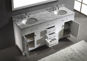 Virtu USA Caroline 72" Double Bath Vanity with White Marble Top and Round Sinks with Polished Chrome Faucets with Matching Mirror