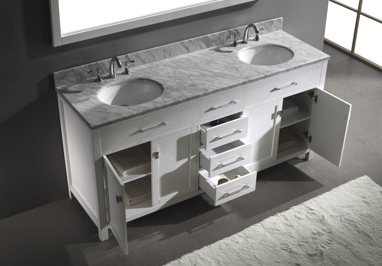 Virtu USA Caroline 72" Double Bath Vanity with White Marble Top and Round Sinks with Matching Mirror