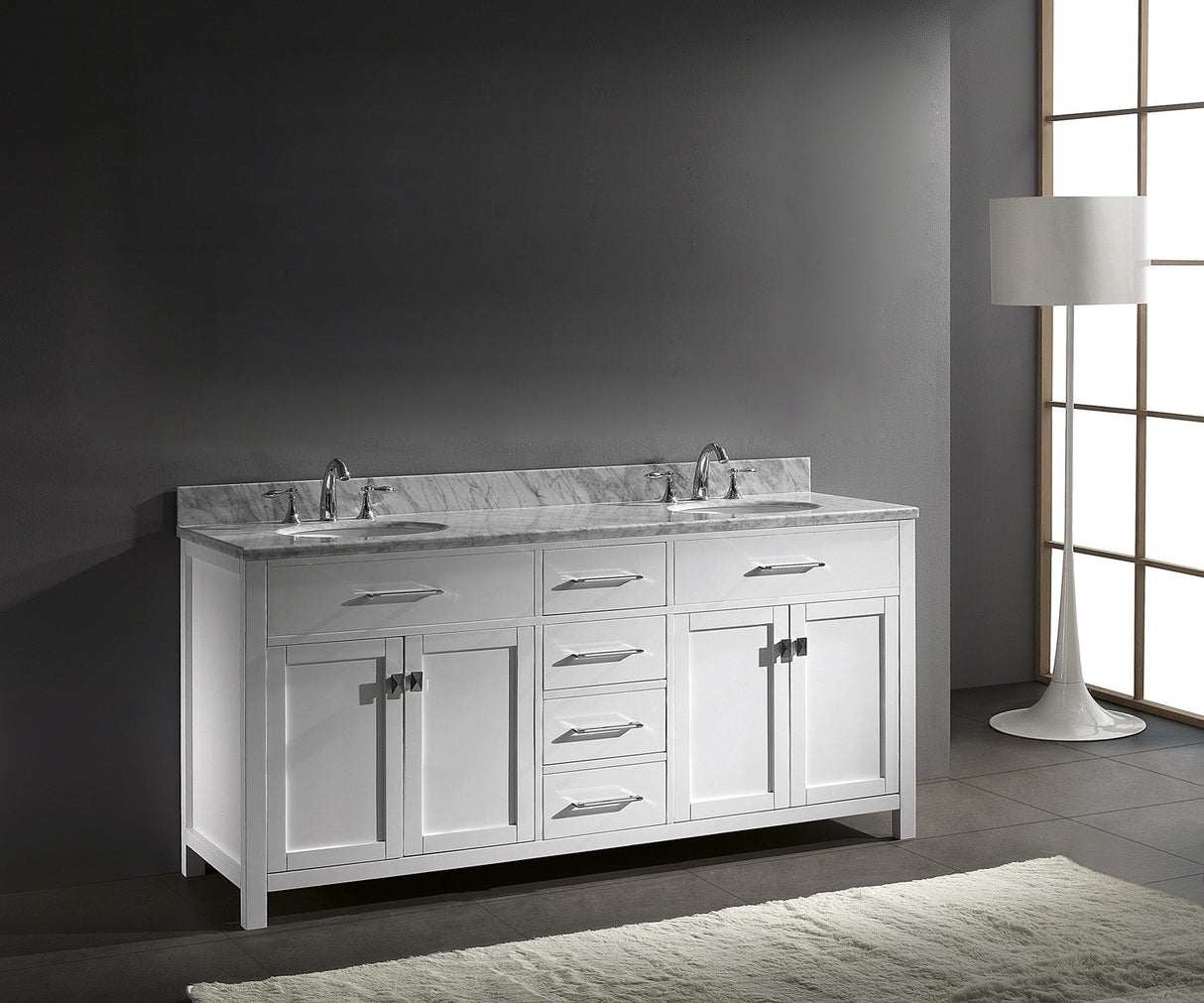 Virtu USA Caroline 72" Double Bath Vanity with White Marble Top and Round Sinks