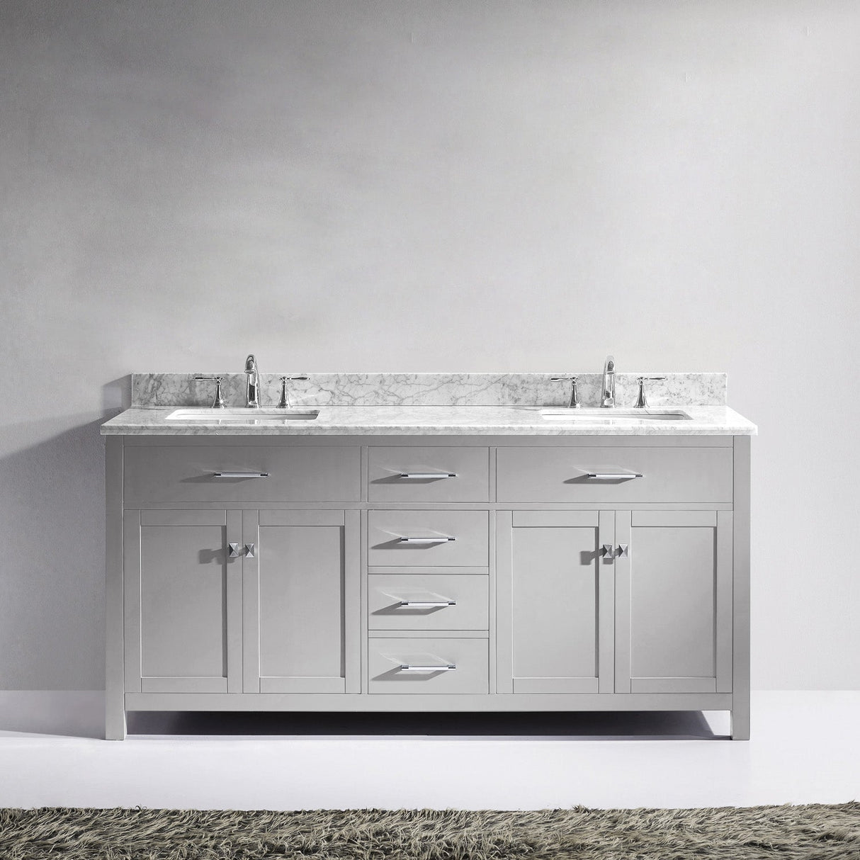 Virtu USA Caroline 72" Double Bath Vanity with White Marble Top and Square Sinks with Brushed Nickel Faucets